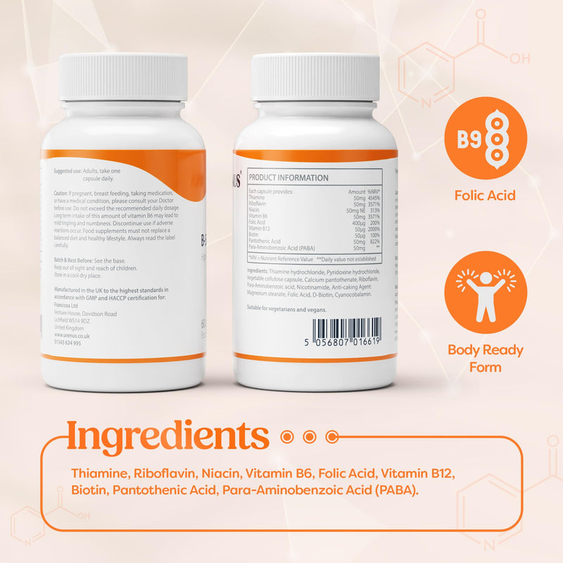 Vitamin B-50 Complex High Strength – Complete B-Vitamin Formula for Energy, Metabolism & Nervous System Support – 60 Vegan Capsules – Made in UK