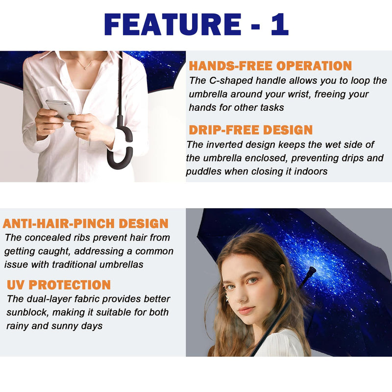 49/56 Inch Inverted Reverse Upside Down Umbrella, Extra Large Double Canopy Vented Windproof Waterproof Stick Golf Umbrellas with C-shape Handle. Irises 49 Inch