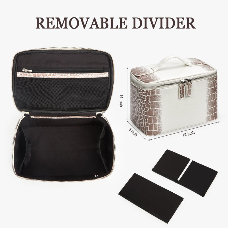 Travel Makeup Bag Vanity Case for Women Crocodile Cosmetic Bag Makeup Case Leather Travel Toiletry Bag Organizer White