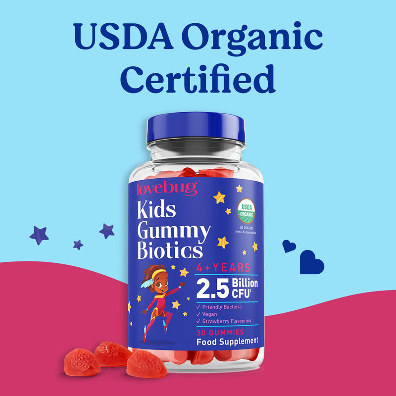Lovebug Kids Probiotic Tummy Gummies - 2.5 Billion CFU with Bacillus subtilis DE111® - USDA Organic Probiotics for Gut Health - For Children & Toddlers (Age 4+) - 30 Strawberry Flavoured Vegan Gummies