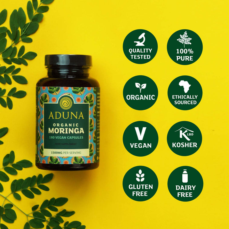 Aduna Organic Moringa Capsules 1500mg | 100% Pure Moringa Leaf for Energy, Immunity & Focus | Natural Plant-Based Food Supplement for Tiredness, Recovery & Breastfeeding | 180 Vegan Capsules