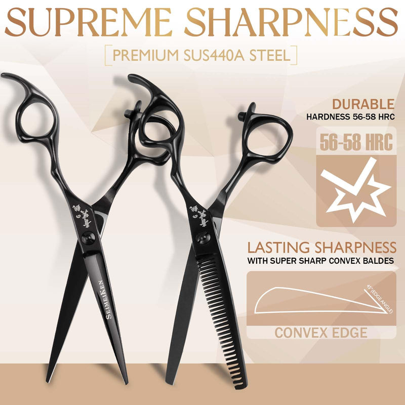 6.0 Inch Black Professional Hair Cutting Scissors and Thinning Shears Kit - 6” SUS440A Stainless Steel Hair Shears, Barber Scissors - Hair Cutting Kit for Salon & Home Use