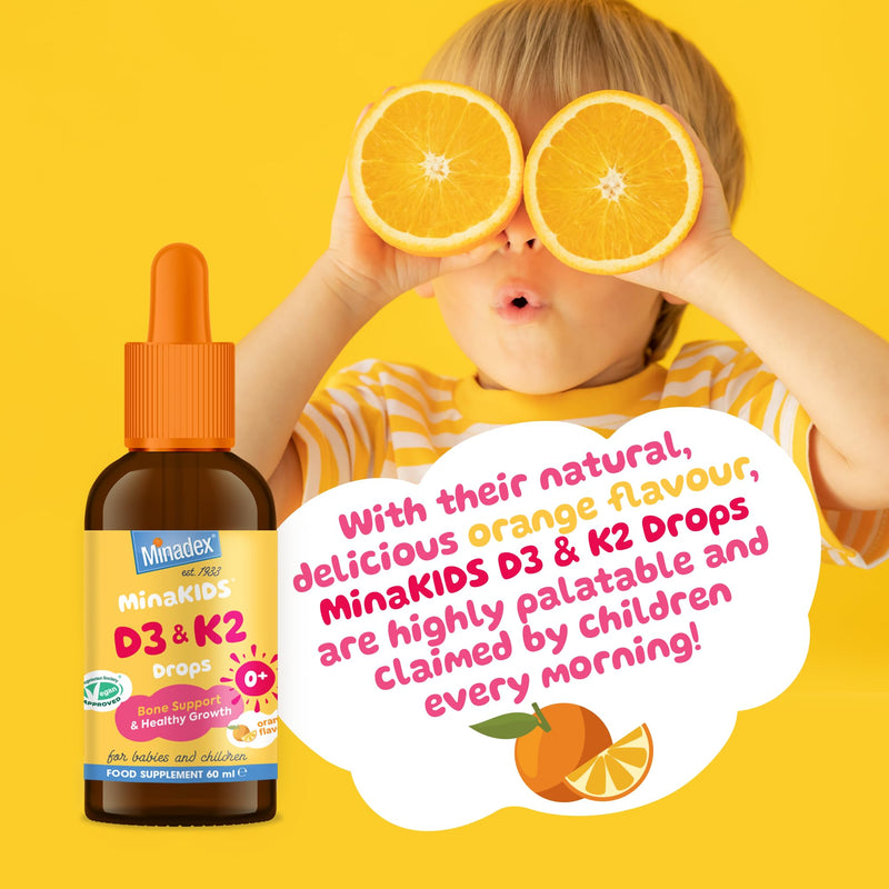 MinaKIDS D3 & K2 Drops – Delicious Orange Flavoured Supplement with 400 I.U D3, Essential Bone & Immune Support Vitamins for Babies and Children, Sugar-Free, Vegan, 60ml