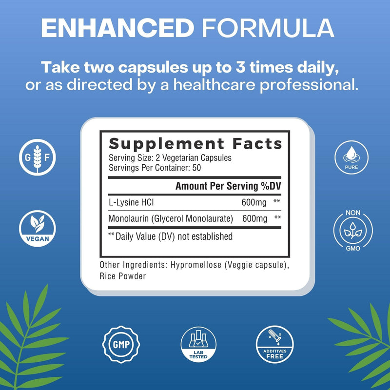 [Australia] - L-Lysine + Monolaurin 600mg 1:1 Ratio, 100 Capsules 100 Count (Pack of 1) 