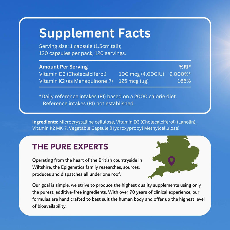 Vitamin D3 K2 Capsules | Additive-Free 4,000 IU Vitamin D & 125mcg VIT K MK7 | Long 4 Months Supply | 120 Vegetarian Friendly & Made in the UK by Epigenetics Supplements