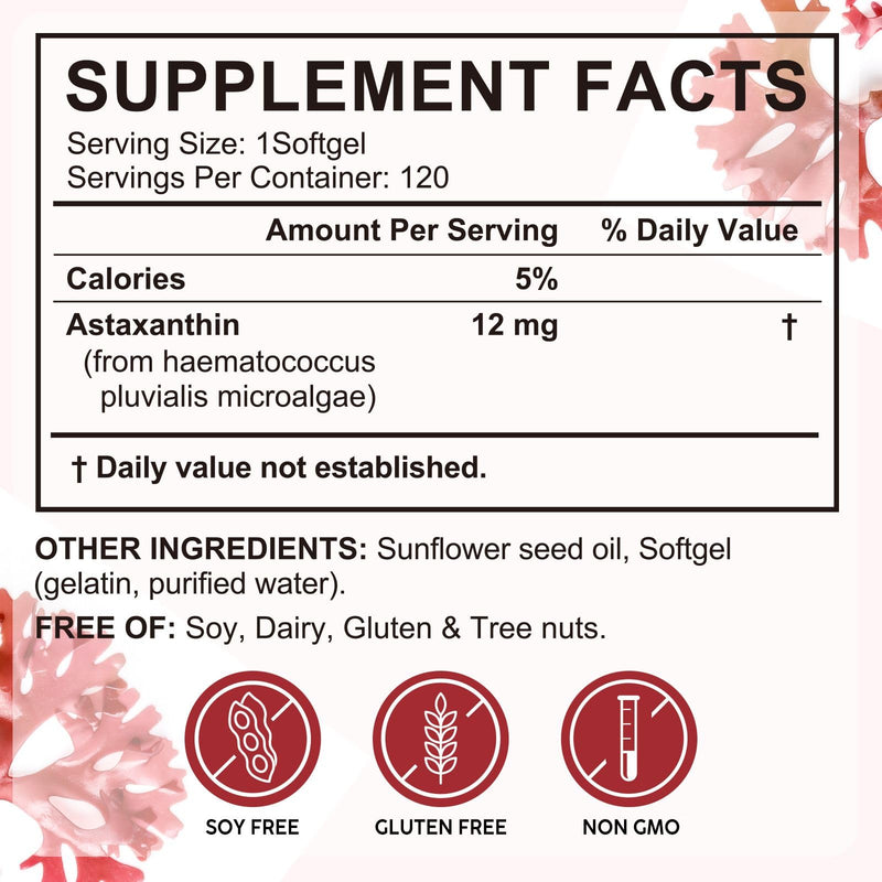 Premium Astaxanthin 12mg GMP Certified EU Sourced, Made in UK - 120 High Strength Softgels, Gluten-Free Non-GMO for Eye, Skin & Brain Health