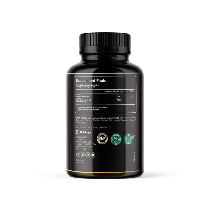 [Australia] - Organic Black Seed Oil Gummy - World's First Gummies w/ 4%+ Thymoquinone – Cold-Pressed Vegan Black Cumin Seed Nigella Sativa Oil – Antioxidant Support – 1050mg (90ct) 