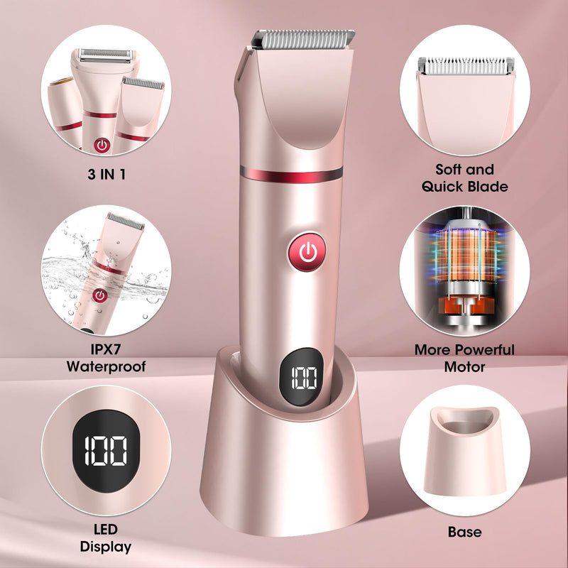 Bikini Trimmer for Women- 3 in 1 Painless Electric Razors for Women,Waterproof Pubic Hair Trimmer and Facial Hair Remover,LCD Display Body Shaver for Trip,Rechargeable Women's Grooming Kit Pink 588