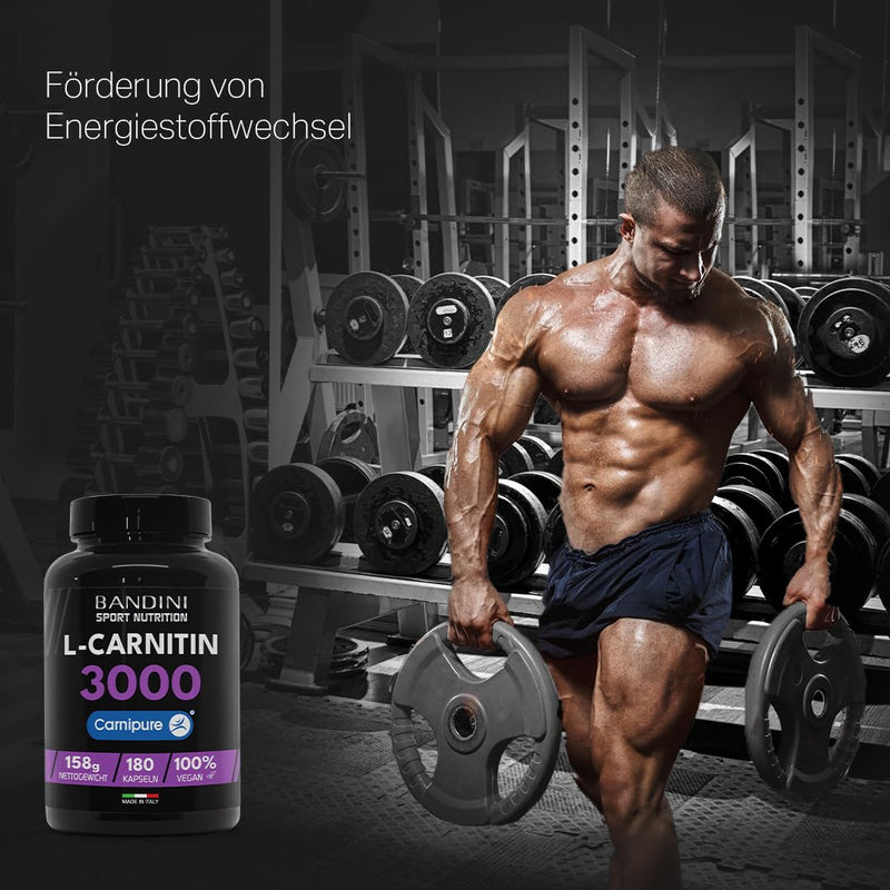 [Australia] - Bandini® L-CARNITIN Carnipure® 3000, 180 capsules, L-Carnitine, pure carnitine sports supplement, toning, energy and muscle regeneration, improves athletic performance, vegan carnitine 