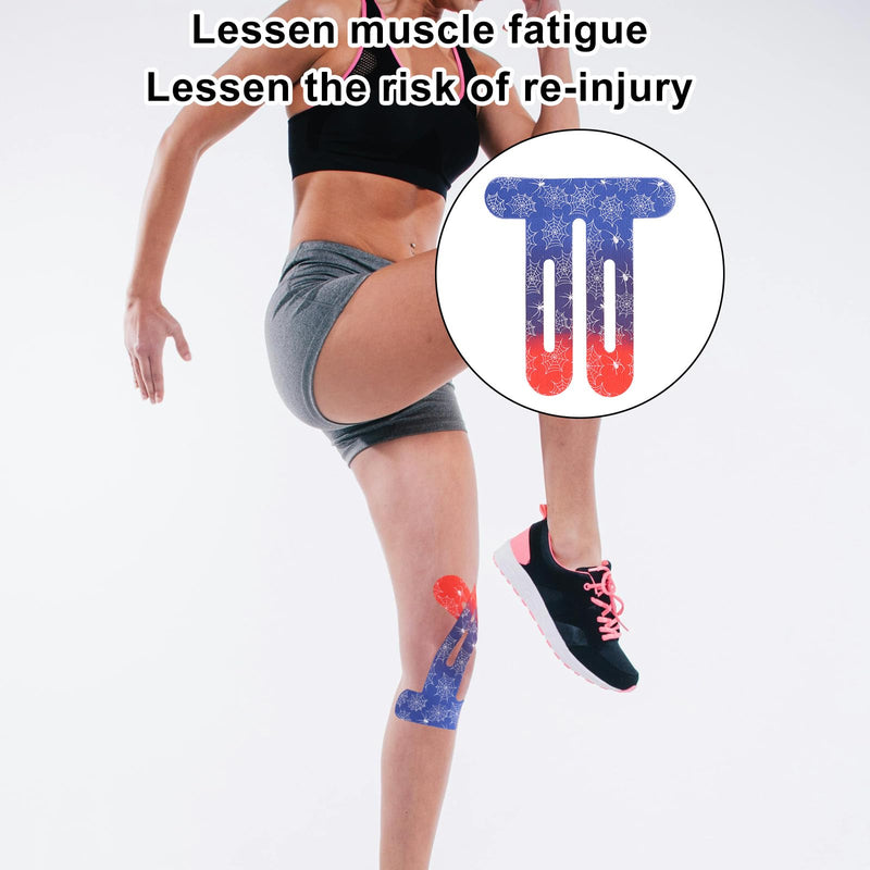 12pcs Precut Kinesiology Tape for Knees, Red Blue Gradient Waterproof Elastic Pre-Cut Breathable Sports Recovery Tape Stickers Supplies for Muscle Support & Comfort Stability