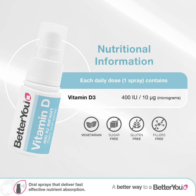 BetterYou D400 Infant Vitamin D Oral Spray - Convenient Alternative for Tablets - Specially Formulated for Children Under 3 Years - Simple and Pure Formulation - Vital for Kids Development - 0.5 oz