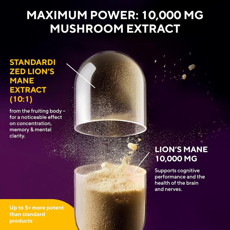 Lions Mane Mushroom Capsules 10 000mg – Highly Concentrated Extract Hericium Erinaceus 10:1 – Lab-Tested with Certificate Lions Mane Supplement – 180 Vegan Capsules 180 count (Pack of 1)