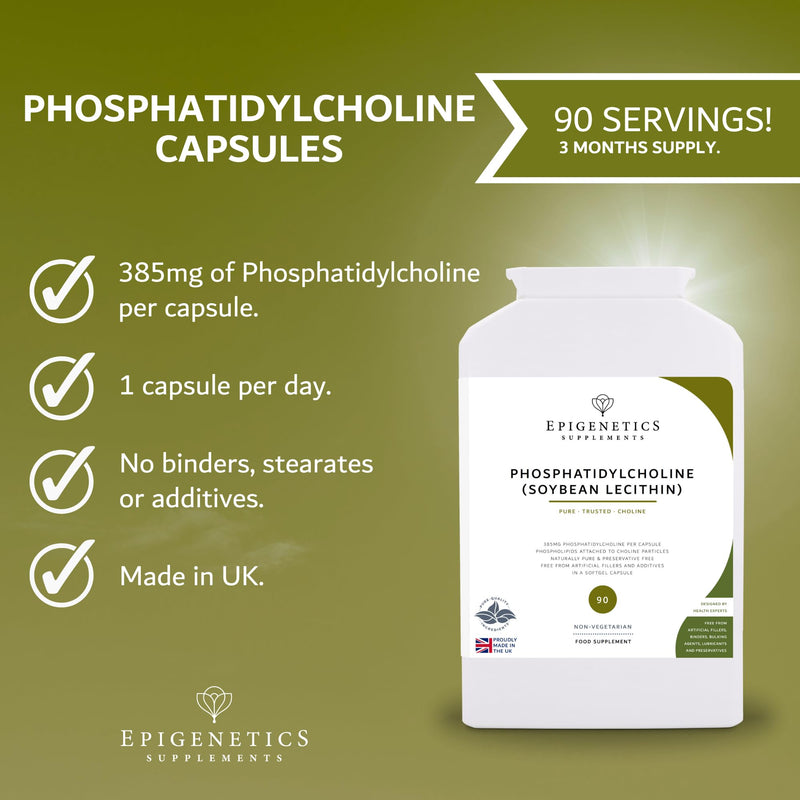 Phosphatidylcholine | 385mg Phosphatidylcholine (Soybean Lecithin) | Cell Health & Brain Function | 90 Capsules UK Made | 1 Capsule Daily (3 Month Supply)