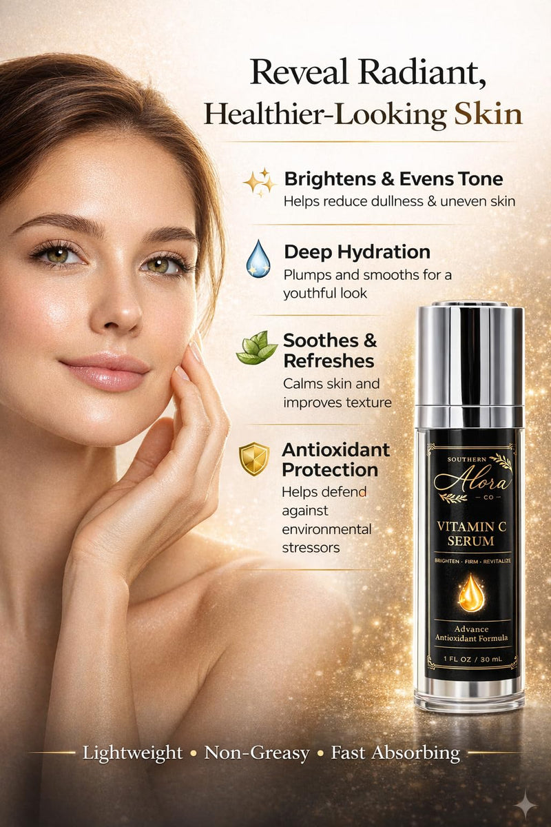 Southern Alora Vitamin C Serum for Face with Hyaluronic Acid | Dark Spots & Hyperpigmentation Treatment, Brightening, Anti Aging, Hydrating Lightweight