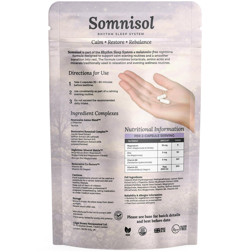 Somnisol Melatonin-Free Nighttime Support – Natural Evening Calm Capsules with L-Theanine, Saffron, Lemon Balm, Reishi & Magnesium – Supports Relaxation & a Smoother Transition into Rest – 60 Capsules
