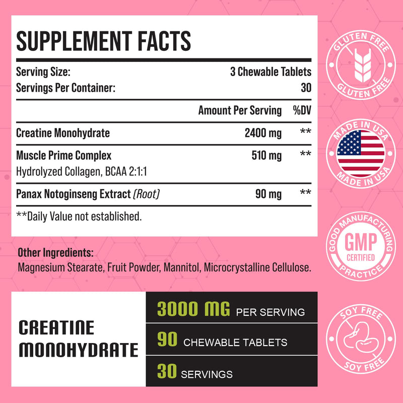 [Australia] - Creatine Monohydrate for Women, Creatine Supplement 3000mg, with Hydrolyzed Collagen, BCAA, Creatine for Booty Gain, Muscle Growth, Increased Strength, Enhanced Energy and Performance, 30 Servings 90 Count (Pack of 1) 