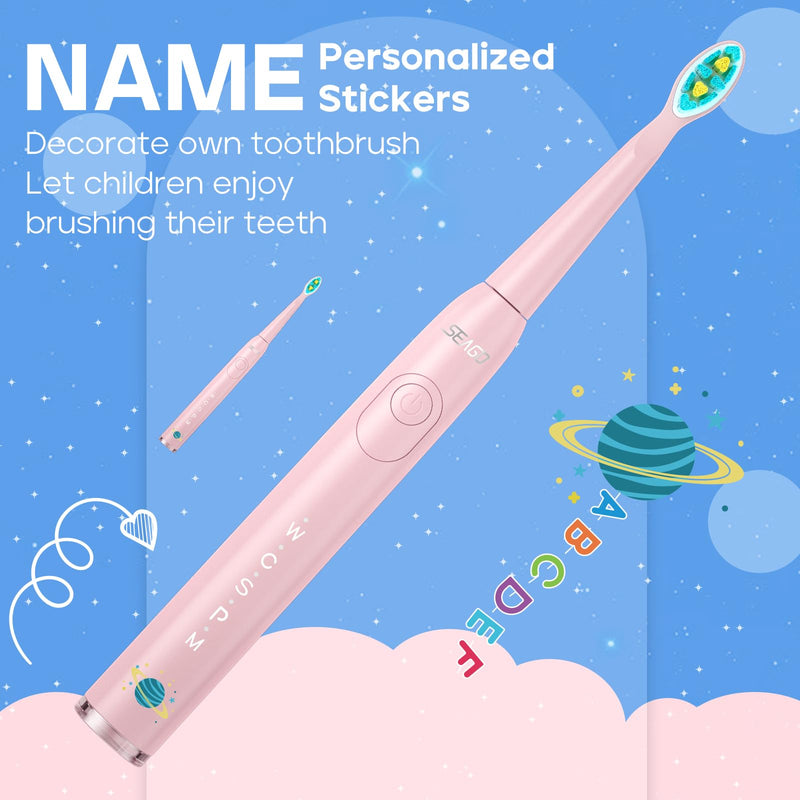 [Australia] - SEAGO Kids Electric Toothbrush, Rechargeable Sonic Soft Bristle Toothbrushes with 8 Brush Heads, DIY Stickers and 5 Modes, Ideal for Kids and Children, Ages 3–12 (Pink) Pink 