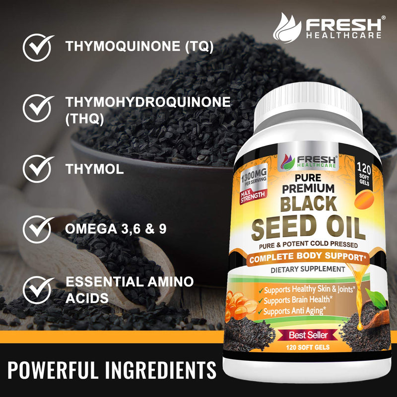 [Australia] - FRESH HEALTHCARE Black Seed Oil Capsules Cold Pressed 1300mg Per Serving, 100% Pure & Premium Non-GMO Nigella Sativa Black Cumin Seed Oil, Supports Immune System, Joint & Skin Health - 120 Capsules 