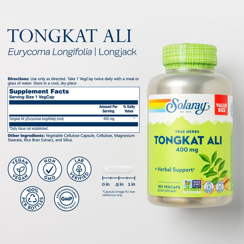 SOLARAY Tongkat Ali 400 mg - Longjack Tongkat Ali for Men - Herbal Support for Men's Health and Vitality - Vegan, Non-GMO, Lab Verified - 180 Servings, 180 VegCaps 180 Count (Pack of 1)