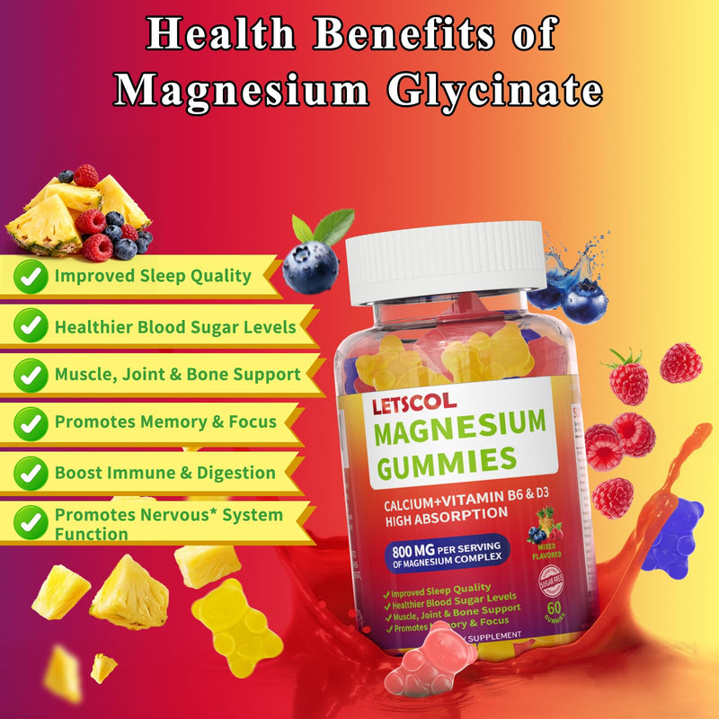 Magnesium Glycinate Gummies, Sugar Free Magnesium Supplement with Magnesium Malate, Calcium, Vitamin D3, B6, CoQ10 for Calm Support & Sleep for Adults Kids Mixed Fruit 60 Count (Pack of 1)