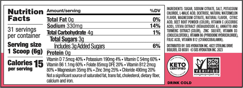 SOS Hydrating Electrolyte Powder (Watermelon Flavour - Bulk 31 Servings) Best Fast Acting, Low Calorie Rehydration Sports Drink