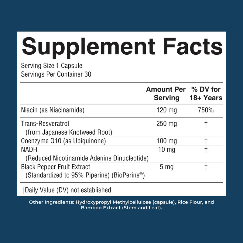 MaryRuth's NADH Capsules, Niacin, NAD+ Precursor, 30 Servings, CoQ10, Vegan | Trans-Resveratrol, Cellular Energy, Non-GMO, Gluten Free