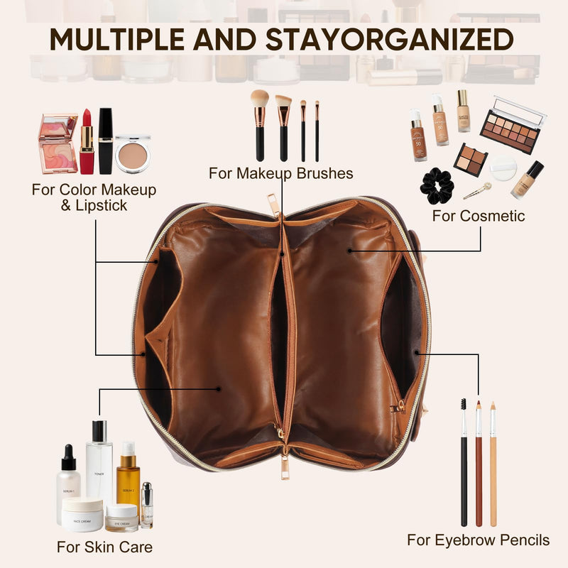 Leather Travel Makeup Bag, Large Capacity Cosmetic Bag for Women, Waterproof Portable Pouch with Divider, Toiletry Organizer with Handle, 10.5x5x5 Inches, Deep Brown