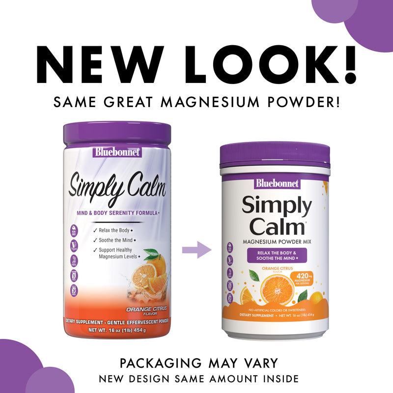Bluebonnet Nutrition Simply Calm Powder, For Calm*, Muscle Cramps*, Stress Relief*, Soy-Free, Gluten-Free, Non-GMO, Kosher Certified, Dairy-Free, Vegan, 16 oz, 82 Servings, Orange Citrus Flavor | Stress Relief; Vegan, Vegetarian, Kosher