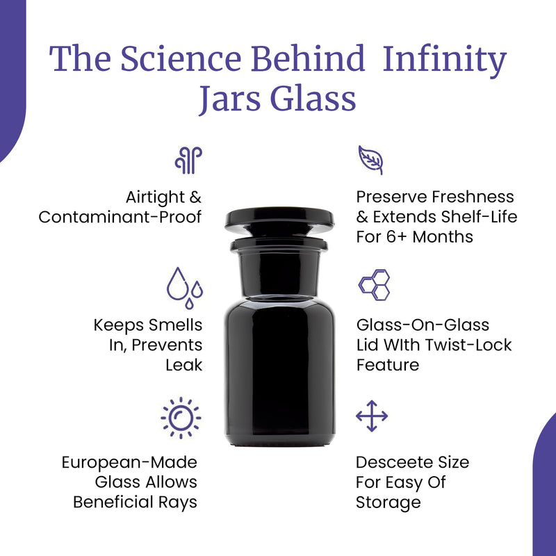 Infinity Jars 50 ml (1.69 fl oz) Black Ultraviolet Blocking Glass Apothecary Jar Airtight Smell‑Proof Refillable Container for Herbs, Spices, Tea & Essential Oils 1 50 ml