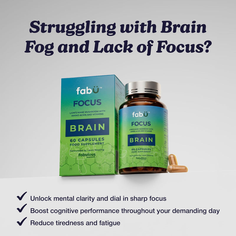 fabÜ Focus Brain Supplement with Lion's Mane Mushroom & Nutrients - Performance Support with Amino Acids, Choline & B Vitamins - Nootropic for Concentration (60 Capsules)