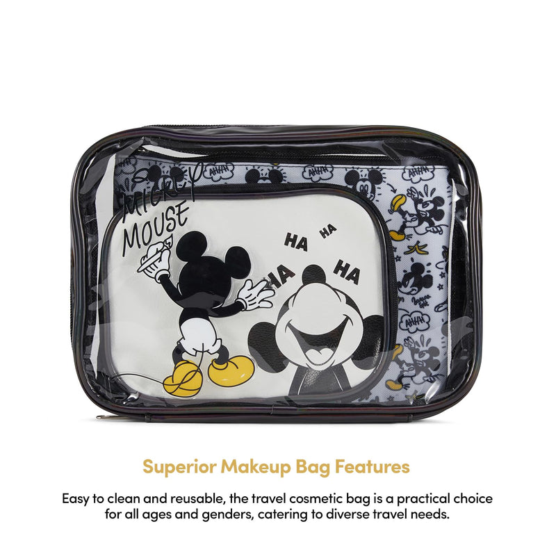Mickey Mouse Cosmetic Case Set - Officially Licensed Mickey and Minnie Mouse Travel Cosmetic Case 3 Piece Set - Girls, Boys, Teens, Adults (Black Mickey) Black Mickey