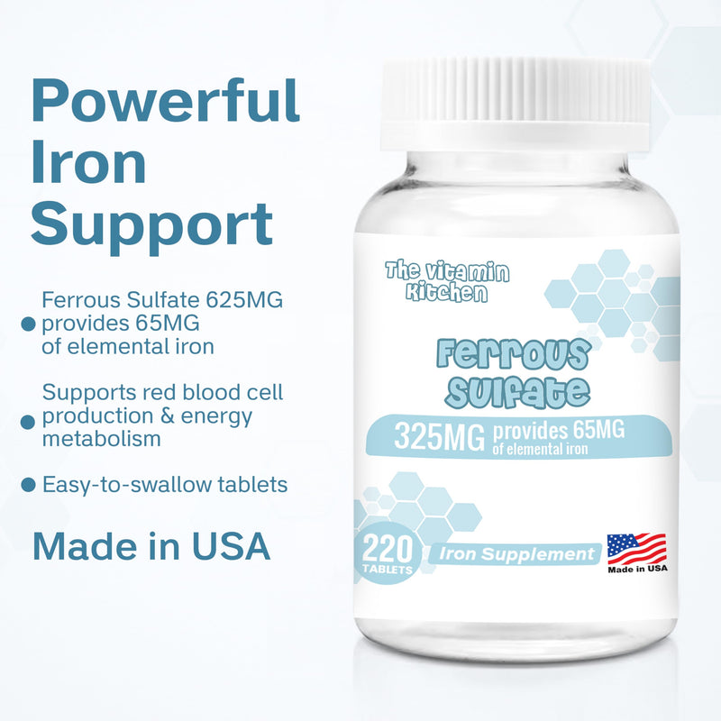 [Australia] - Ferrous Sulfate 325 mg (65 mg Elemental Iron) High Potency Iron Supplement - High Potency Iron Pills for Red Blood Cells - No Artificial Color Additives - 220 Tablets Made in USA 