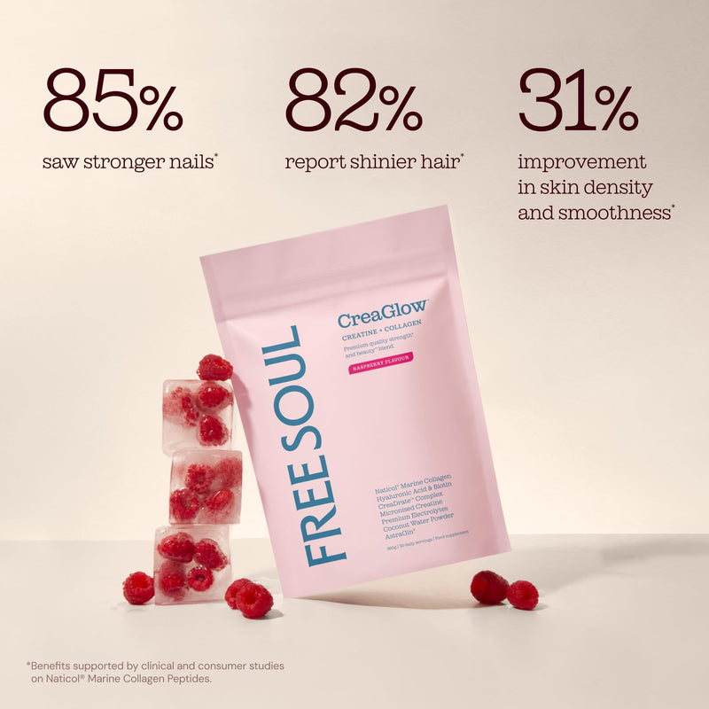CreaGlow™ Naticol Marine Collagen + Creatine Monohydrate + Electrolytes Powder | Glow & Strength All in 1 with Magnesium, Vitamin C, Biotin & Hyaluronic Acid | Raspberry Flavoured | Free Soul 360g
