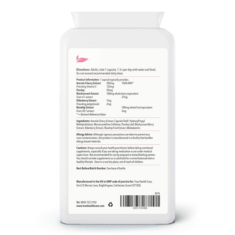 Troo Health Care Vitamin C Cherish 120 Capsules - Natural Food Vitamin C Immune Support & Fatigue Reduction Supplement Containing Acerola Cherry and Elderberry - UK Manufactured 1 count (Pack of 1)