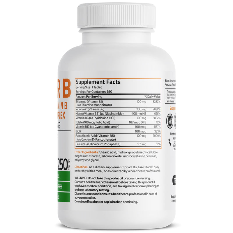 Bronson Super B100 Vitamin B Complex Sustained Release, 250 Tablets | B1, B2, B3, B6, Folic Acid, B12, Biotin & Pantothenic Acid, Energy & Nerve Support, Non-GMO, Gluten-Free & Soy-Free Unflavored 250 Count (Pack of 1)