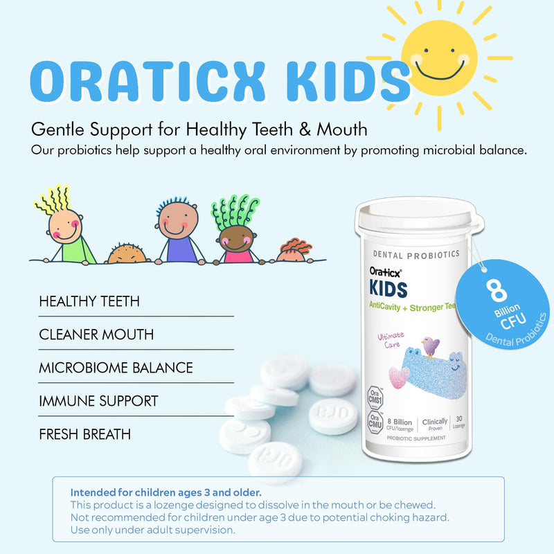 [Australia] - OraTicx Kids Dental Probiotics for Anti-Cavity + Healthy Teeth and Gums, 8 Billion CFU Probiotics for Oral Health, Yogurt Flavor 1-PK 