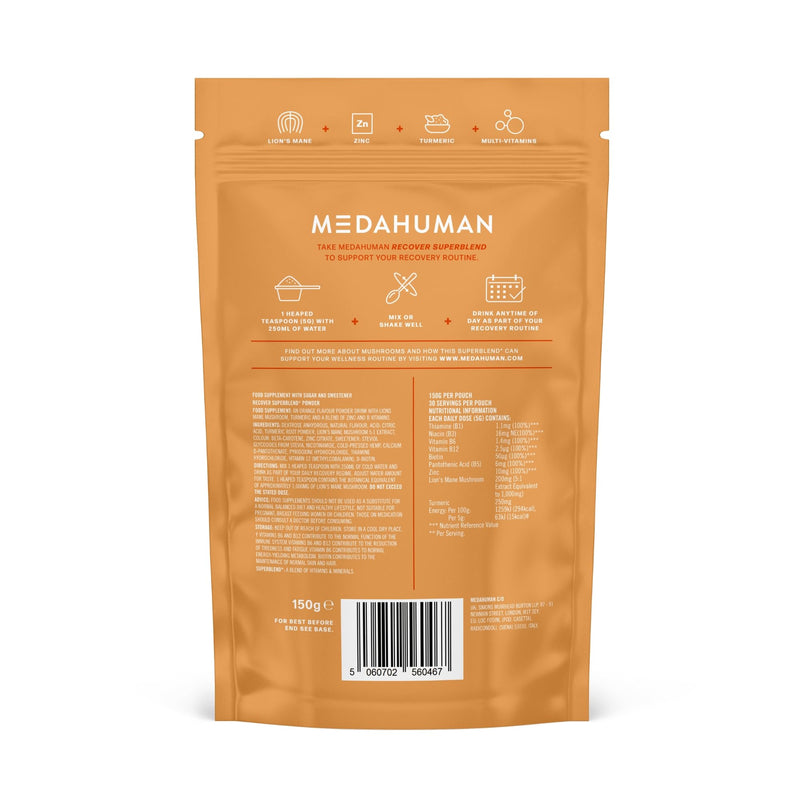 Medahuman Recover Superblend Recovery Powder with Lion's Mane Mushroom, B Vitamins, Zinc, Turmeric & Ginger – Orange Flavour Adaptogen Post Workout Support – 150g