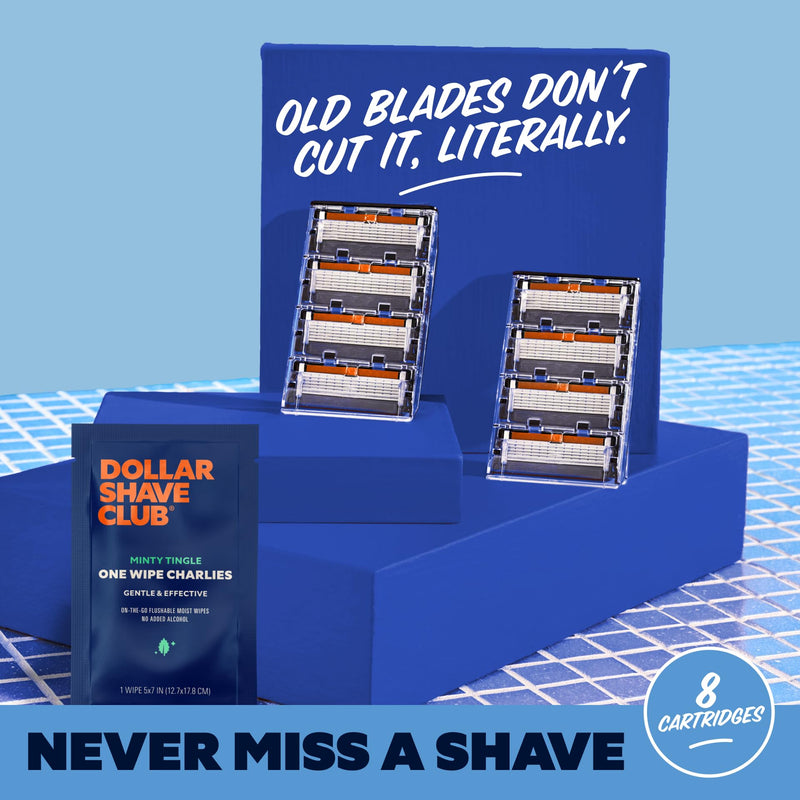 Dollar Shave Club | 6 Blade Razor Refills (8 Pack) | 6 Stainless Steel Blades for a Close & Comfortable Shave, 1 One Wipe Charlies 8 Count (Pack of 1)