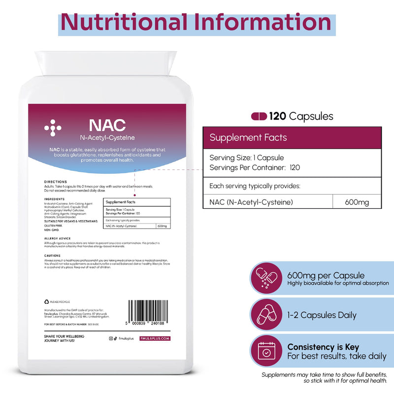 NAC N-Acetyl-Cysteine 600mg | Organic NAC Supplement Capsules for Immunity & Antioxidant Support | N-Acetyl Cysteine Supplement | Amino Acids Immune Support for Adults | Vegan - 120 Capsules