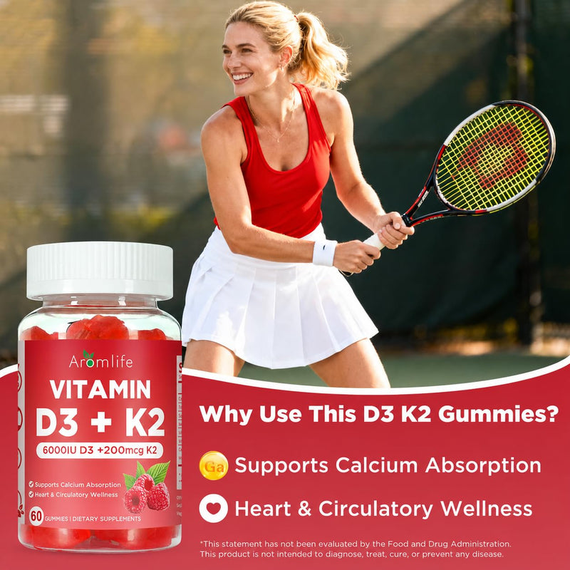 Aromlife Vitamin D3 K2 Gummies, 6000IU D3 + 200mcg K2 Per Serving High Absorption Vitamin Gummies with Calcium & Magnesium for Women Men, 60 Count Raspberry Flavor Vegan Gluten-Free