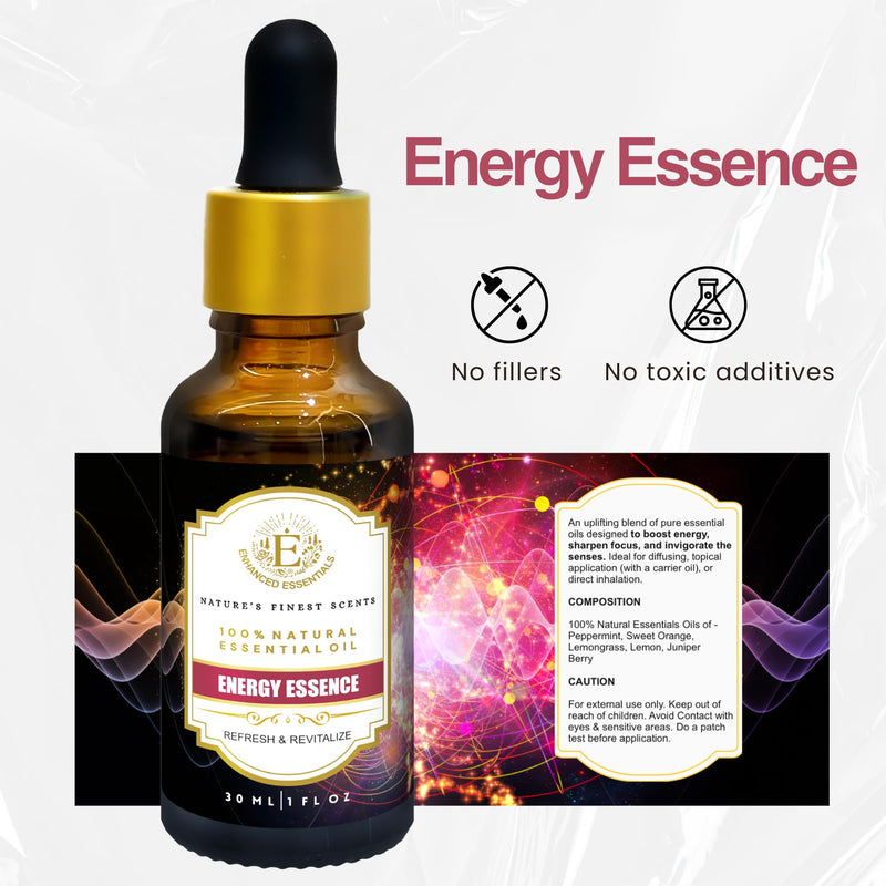 Essential Oil Blend for Energy, Cleansing & Mood by Enhanced Essentials – 100% Pure, Slow-Distilled|Aromatherapy for Diffuser, Massage & Shower|Uplifting Citrus & Mint Notes|1 fl oz (30 ml) Energy Essence