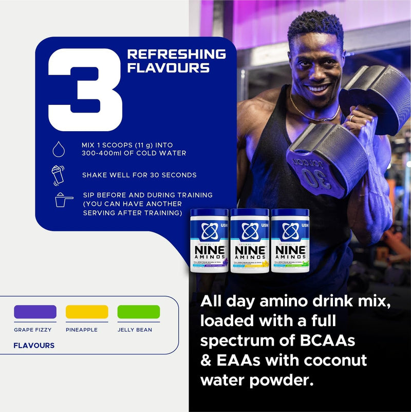 USN Nine Aminos – BCAA Amino Acids & EAA Essential Amino Acids Powder with Added Magnesium & Coconut Water Powder to Support Recovery and Hydration. Grape Fizzy Pop Flavour (330g – 30 Servings)