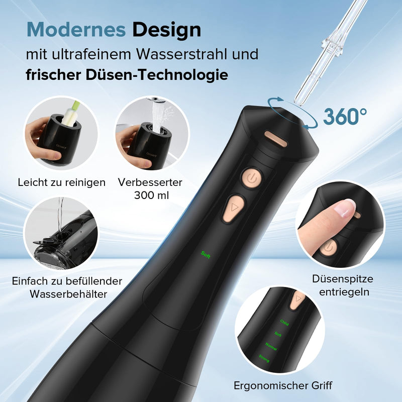[Australia] - Orisary Oral Irrigator Wireless Electric Tooth Cleaner, 5 Modes & 5 Nozzles, 300ML Water Tank Rechargeable Dental Irrigator Double Water Teeth Flosser IPX7 Waterproof for Cleaning When Traveling Black 