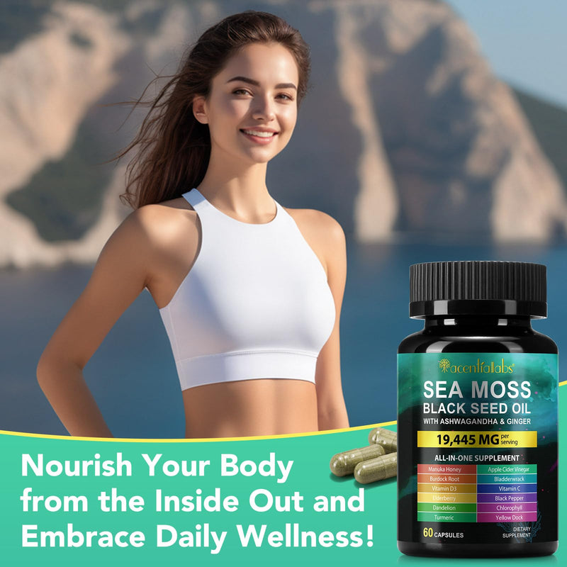 [Australia] - Sea Moss Black Seed Oil Ashwagandha Turmeric Bladderwrack Burdock Root Capsule with Chlorophyll,Elderberry,Manuka,Dandelion,Ginger,Vitamin C Vitamin D3,Immunity & Energy Support, 60 Counts 60 Count (Pack of 1) 