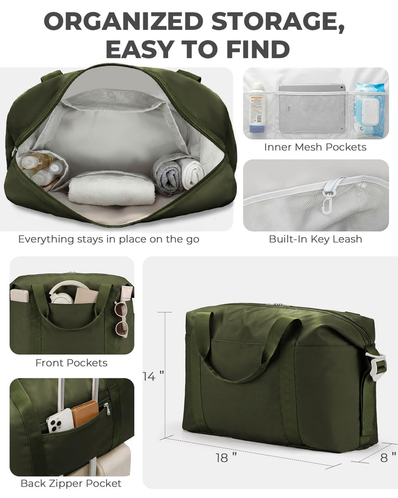 Percover Weekender Travel Duffel Bag for Women, Lightweight Soft-Structure 33L Carry-On, Water-Resistant Nylon with Shoulder Strap & Trolley Sleeve, Personal Item Friendly, Olive Green