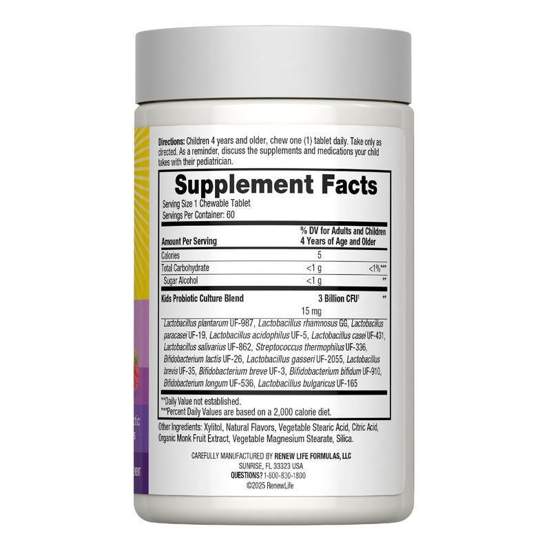 Renew Life Ultimate Flora Kids Probiotic Chewables | 60 Chewable Tablets | 14 Strains | Supports Immune Health | Berry Flavor | Soy, Dairy & Gluten Free 60 Count (Pack of 1)