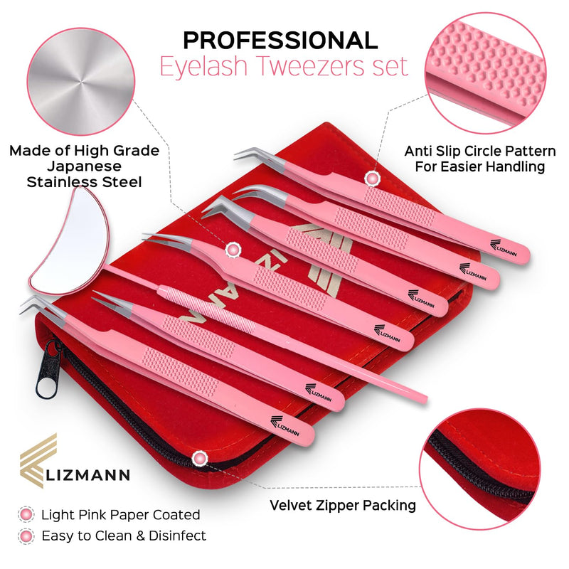 LIZMANN Eyelash Extension Tweezers (Pink Set of 7) – Professional Fiber Tip Lash Tweezers for Classic & Volume Lashes – Anti-Static Japanese Steel PACK OF 7 Pink
