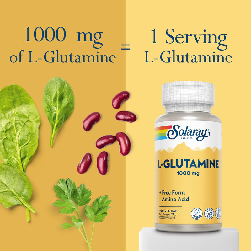 Solaray L-Glutamine 1000mg - 100 Vegan Capsules - High Strength Glutamine Amino Acid - Post Workout Recovery Supplement for Men & Women - Lab Verified & Magnesium Stearate Free