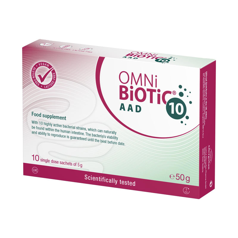 OMNi BiOTiC 10 AAD | Probiotic for Antibiotics | Use During and After Any Course of Antibiotics | 10 Sachets (50 g) | Powder | with Inulin | Vegan | Gluten-Free | Lactose-Free Vanilla