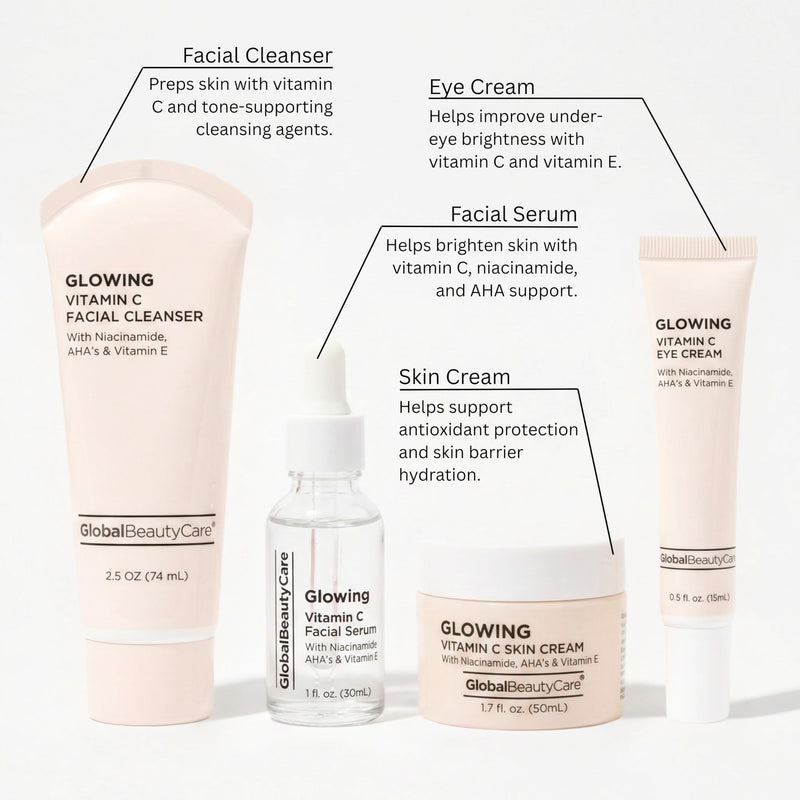 Global Beauty Care Vitamin C Glow Skincare Set - Complete Face Care Routine, Facial Cleanser, Serum, Eye Cream & Face Cream, with Niacinimade, AHA's & Vitamin E For Radiant Smooth Skin, 4-Piece Set 4-Piece Skincare Set